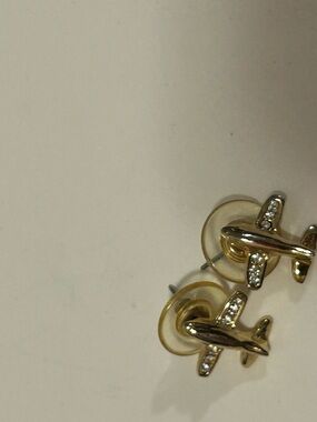 Gold tone  Plane Stud Earrings with Clear Rhinestones